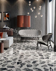 Gray and white irregular marble terrazzo on the walls and floors of the indoor living room