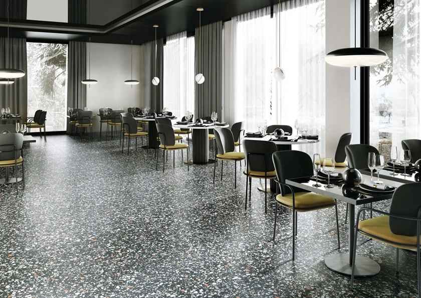 Indoor dining floor black base color + white marble terrazzo