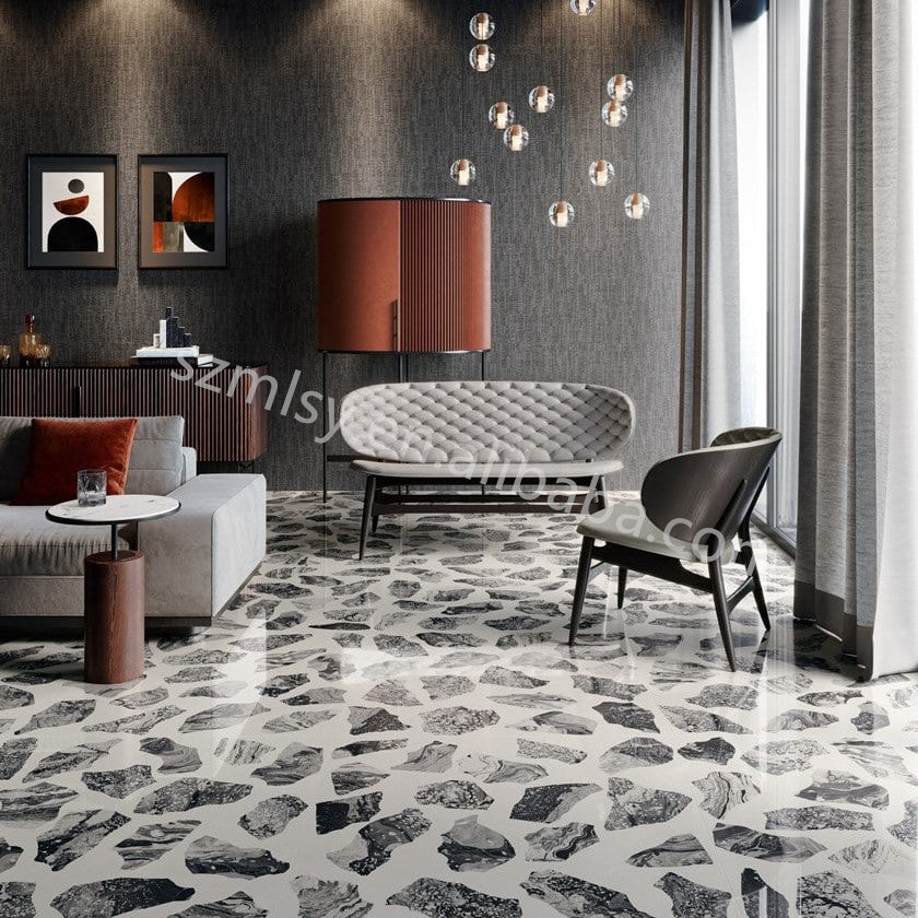 Gray and white irregular marble terrazzo on the walls and floors of the indoor living room