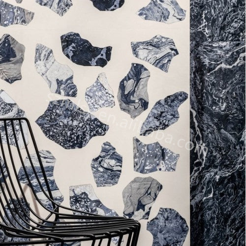 Blue and white irregular marble terrazzo on the walls and floors of the indoor living room