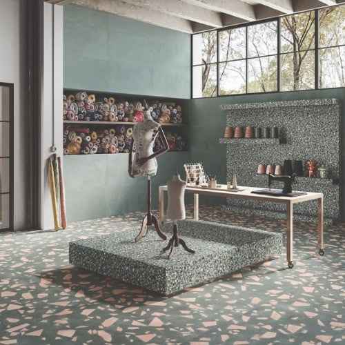 Clothing store wall and floor pink green marble terrazzo