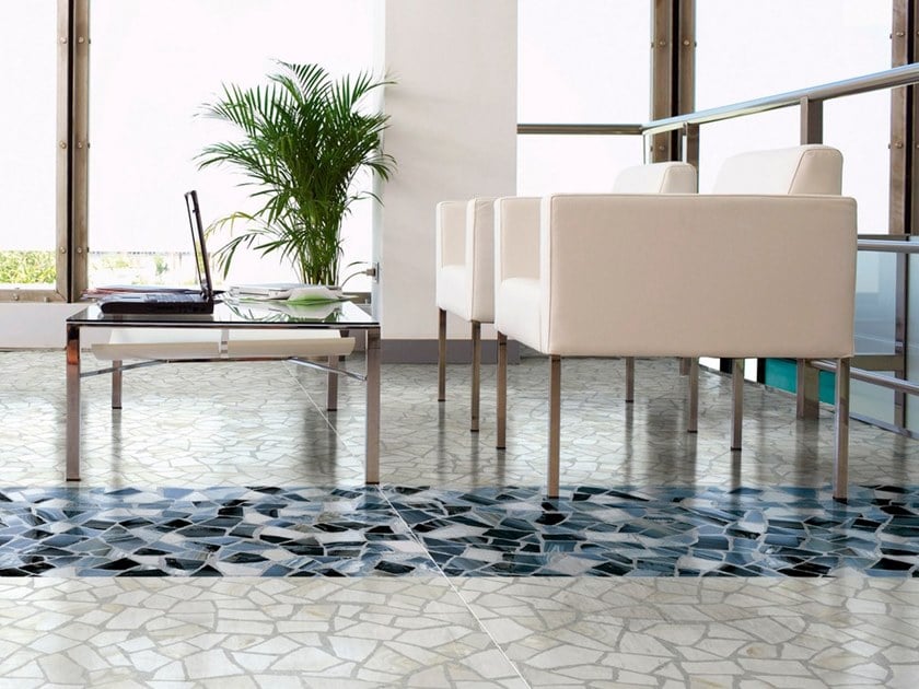 Blue and white marble terrazzo on the living room floor