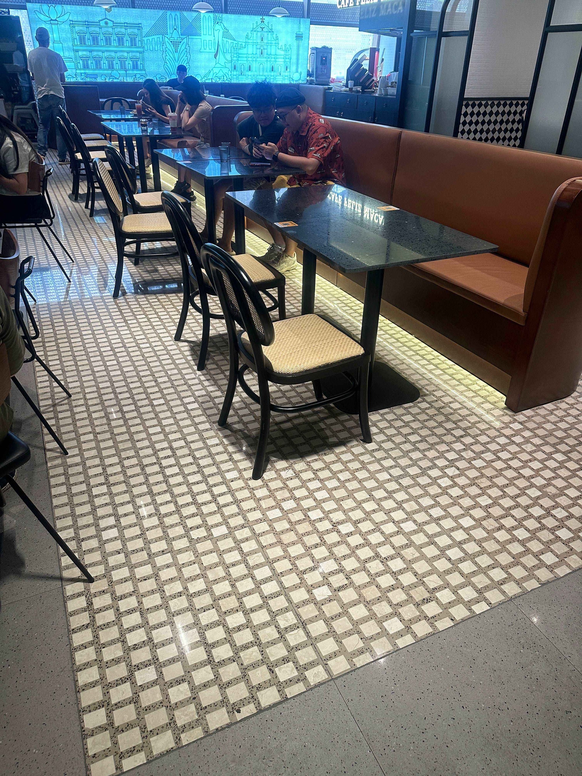 Mosaic terrazzo used in indoor tea restaurant floors