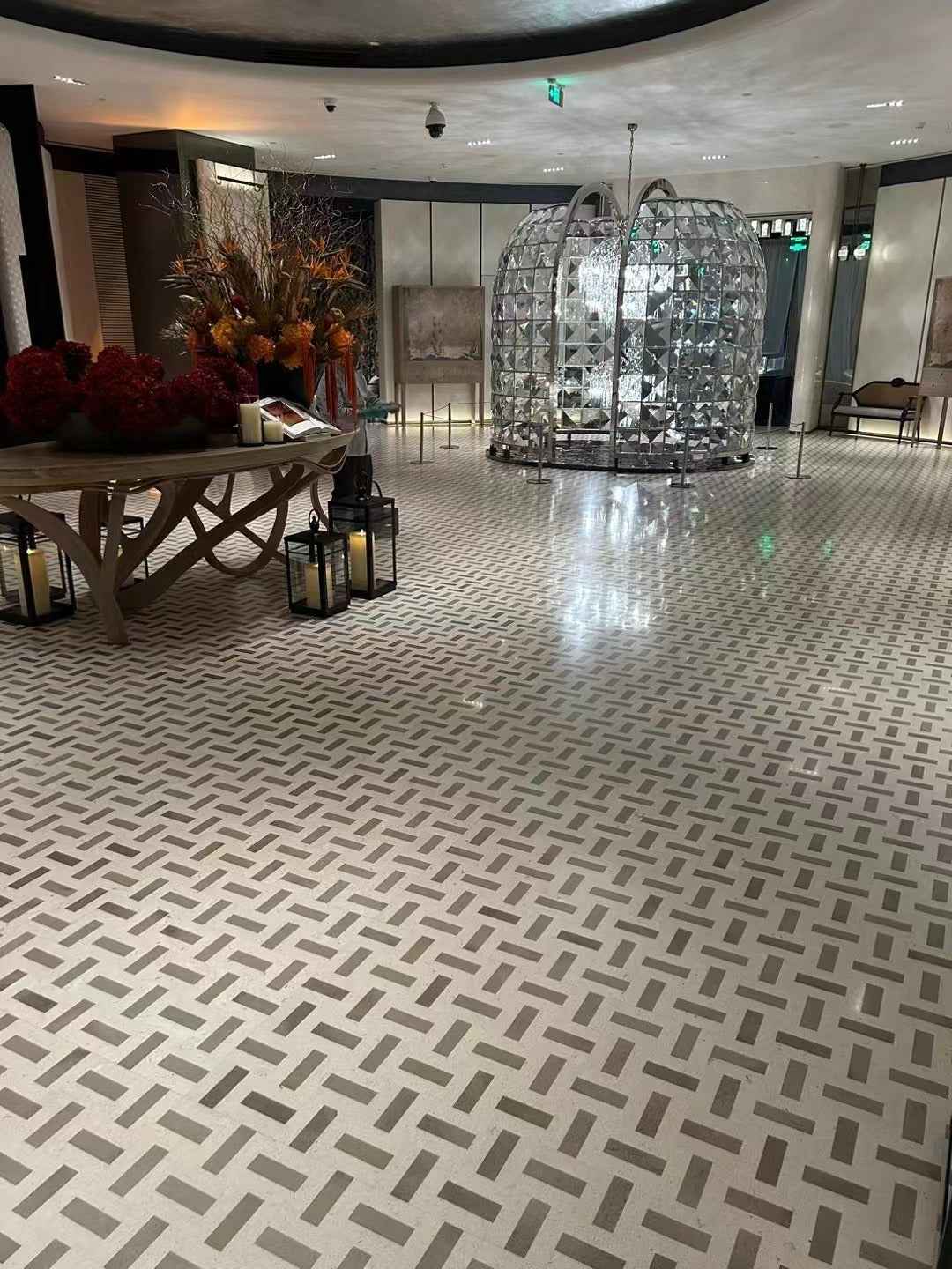 Hotel lobby floor gray wood grain marble terrazzo