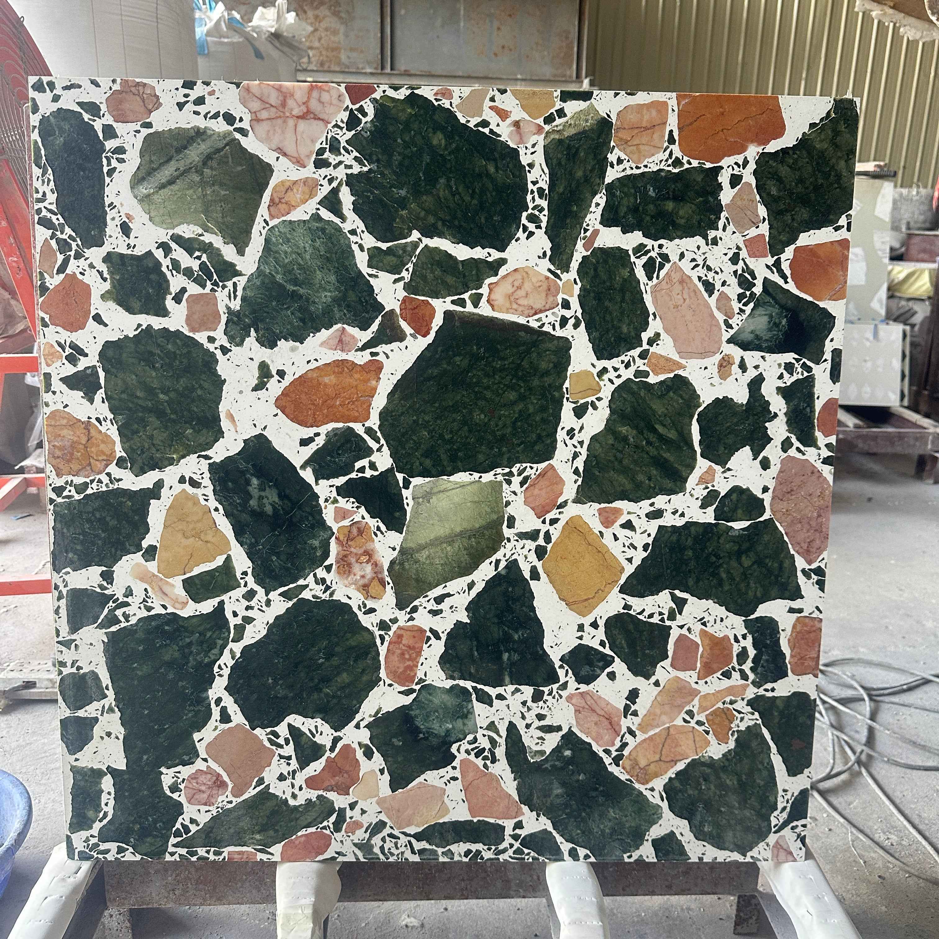 Green Yellow Irregular Marble Panels | Warm White Base & Hand-Laid