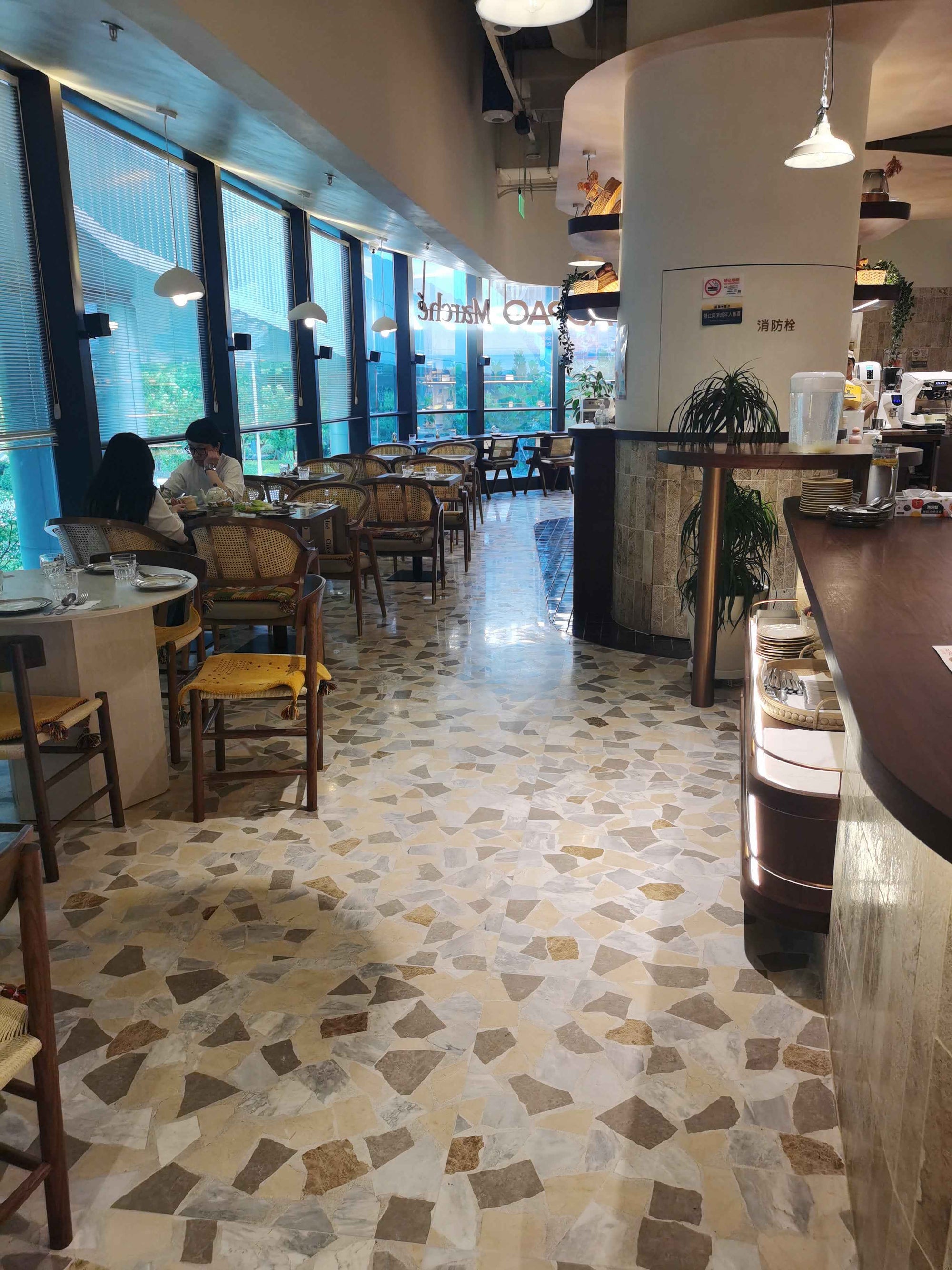 Tea restaurant floor, warm-colored marble terrazzo