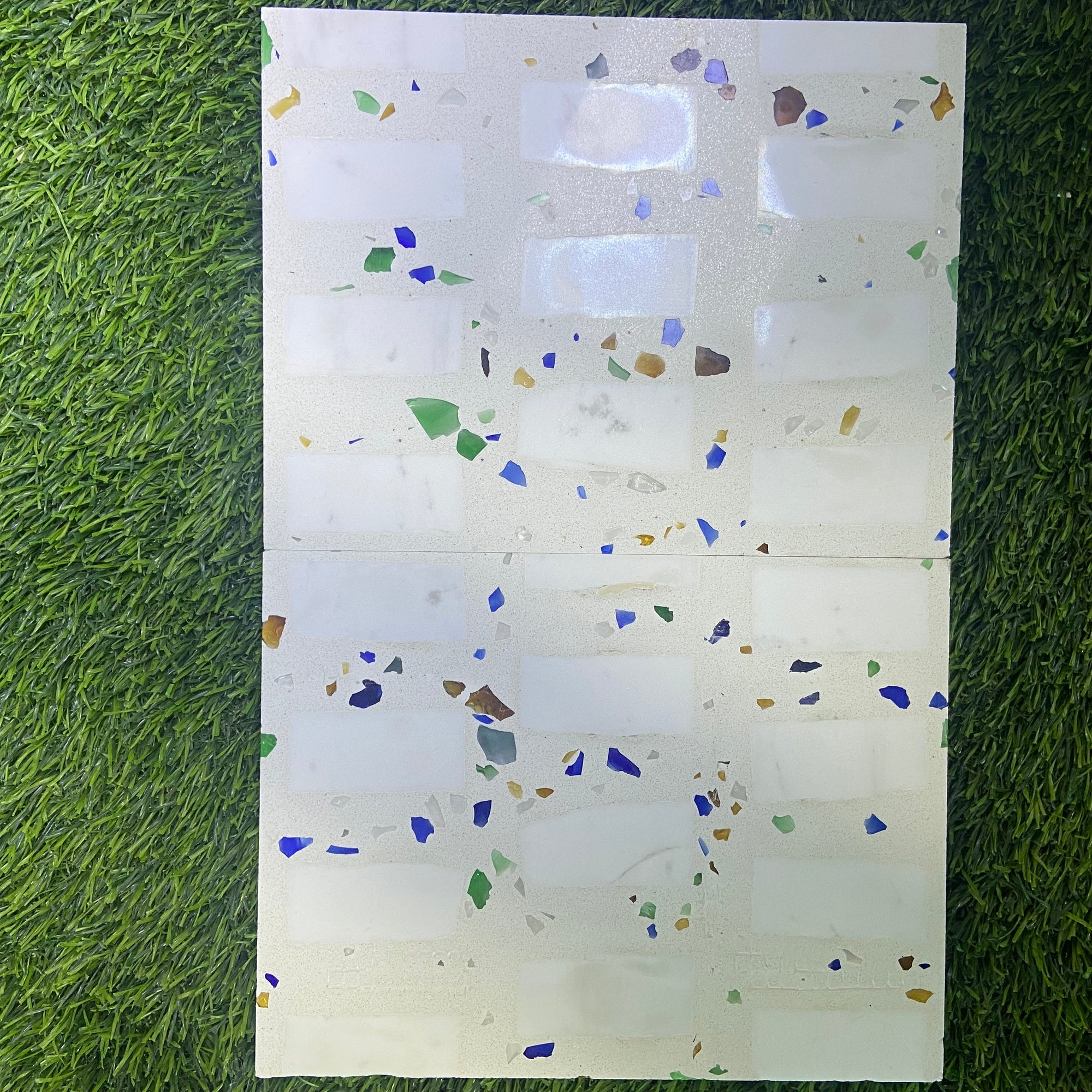 Colored glass crushed diamonds & white marble terrazzo