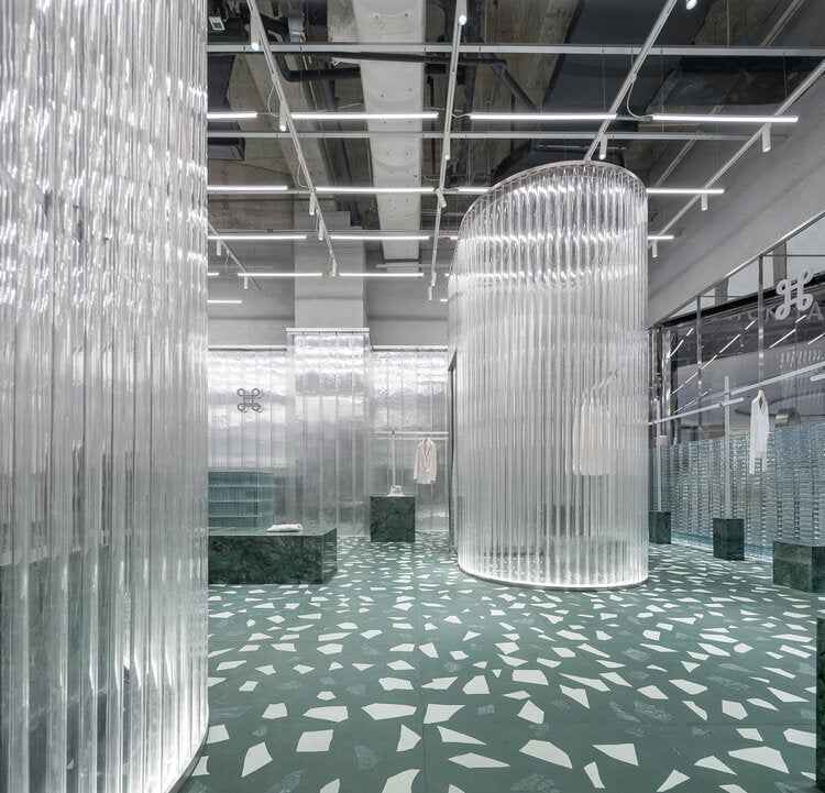 Green mosaic terrazzo on the floor of clothing store